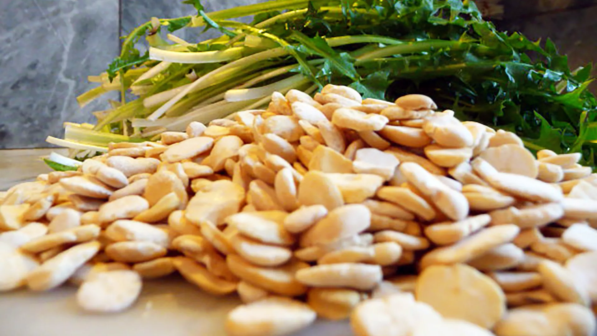 Ingrédients italiens : fèves sèches et chicorée